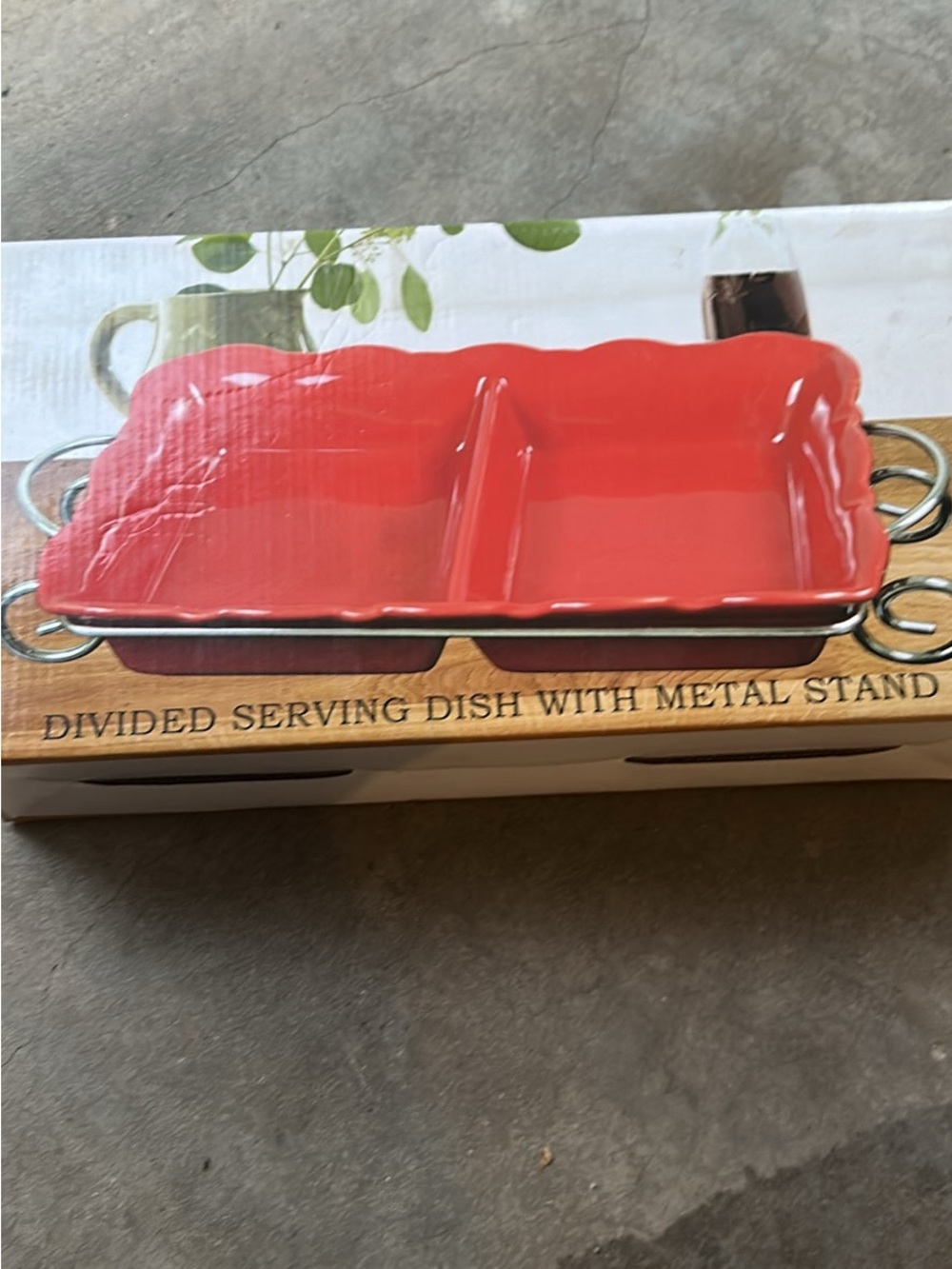 Red Divided Serving Dish with Metal Stand - Home Dining